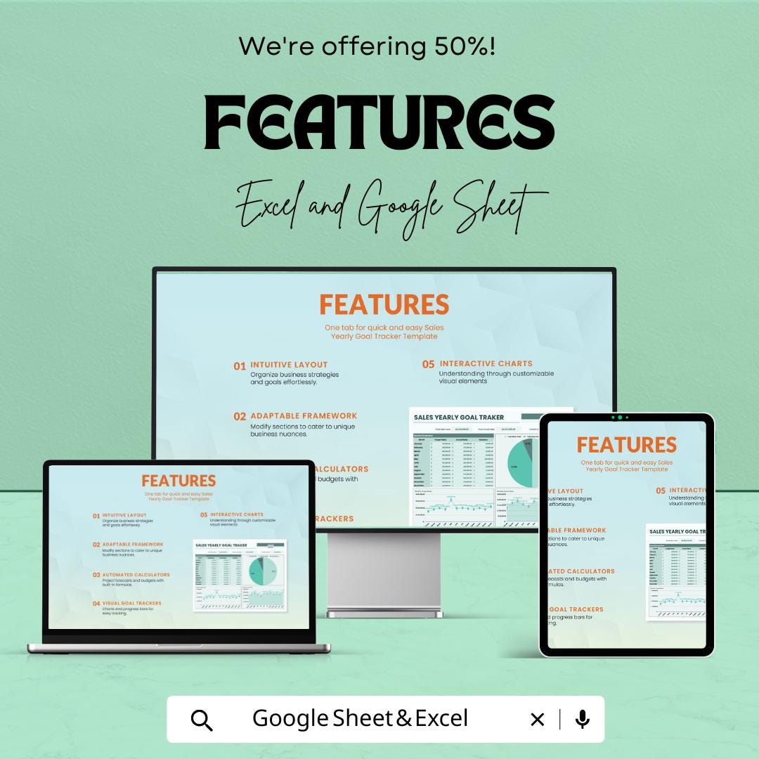 Sales Yearly Goal Tracker Template | Excel and Google Sheets | Annual Sales Dashboard | Business Revenue Goal Planner | Income Tracker
