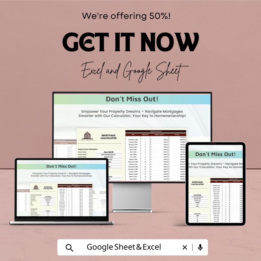 Real Estate Mortgage Calculator | Excel & Google Sheets Loan Payment Calculator | Amortization Schedule Spreadsheet | Home Loan Planner
