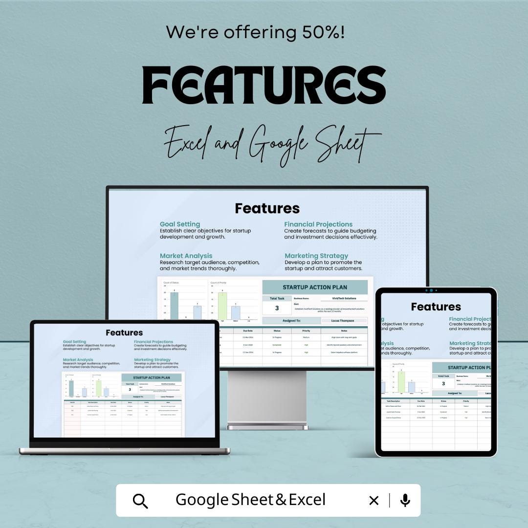 Startup Action Plan Template - Excel & Google Sheet - Business Task Tracker, Goal Setting, Startup Planning, Action Plan for Entrepreneurs,