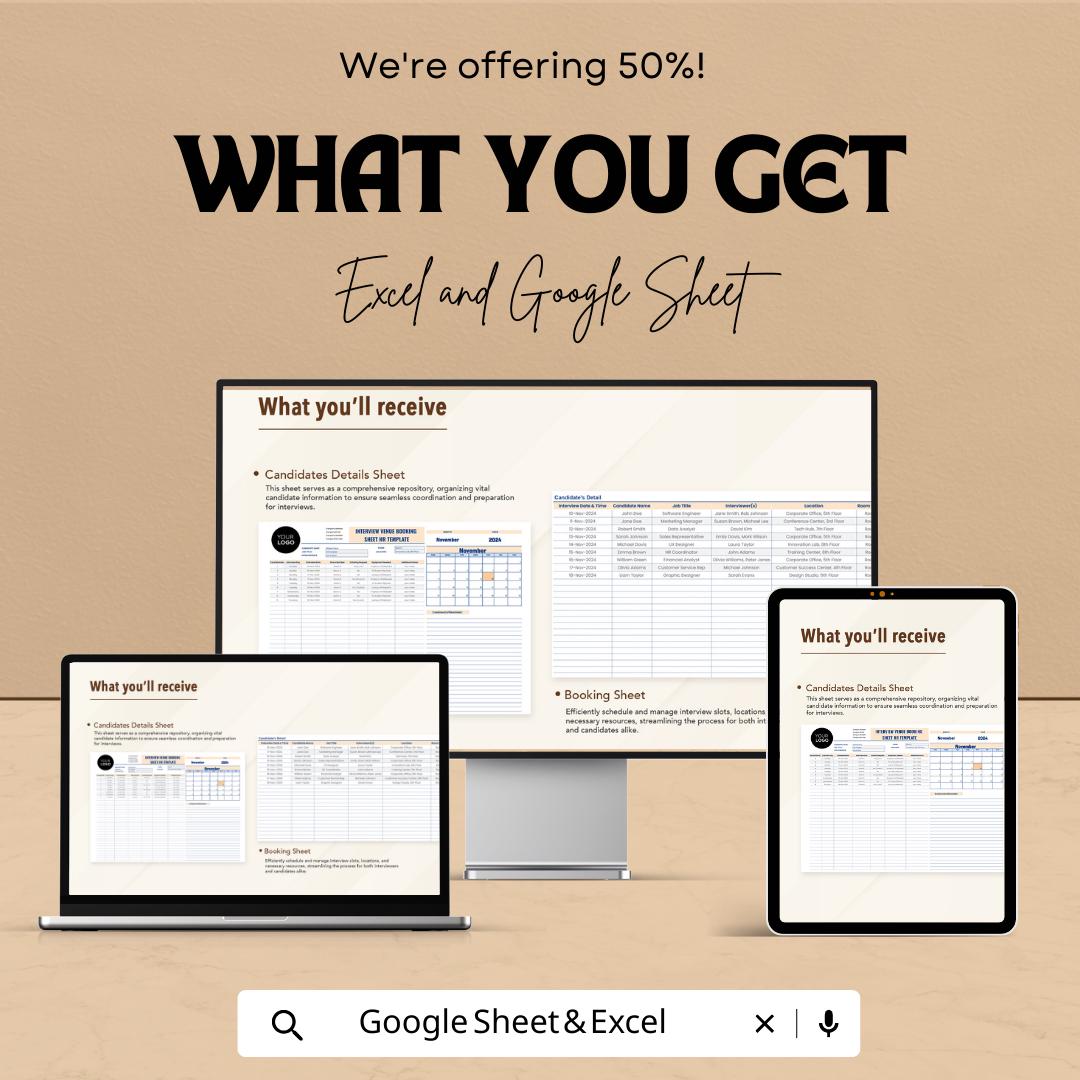 Interview Venue Booking Sheet HR Template, Interview Schedule Tracker, Recruitment Planner, Candidate Booking Spreadsheet