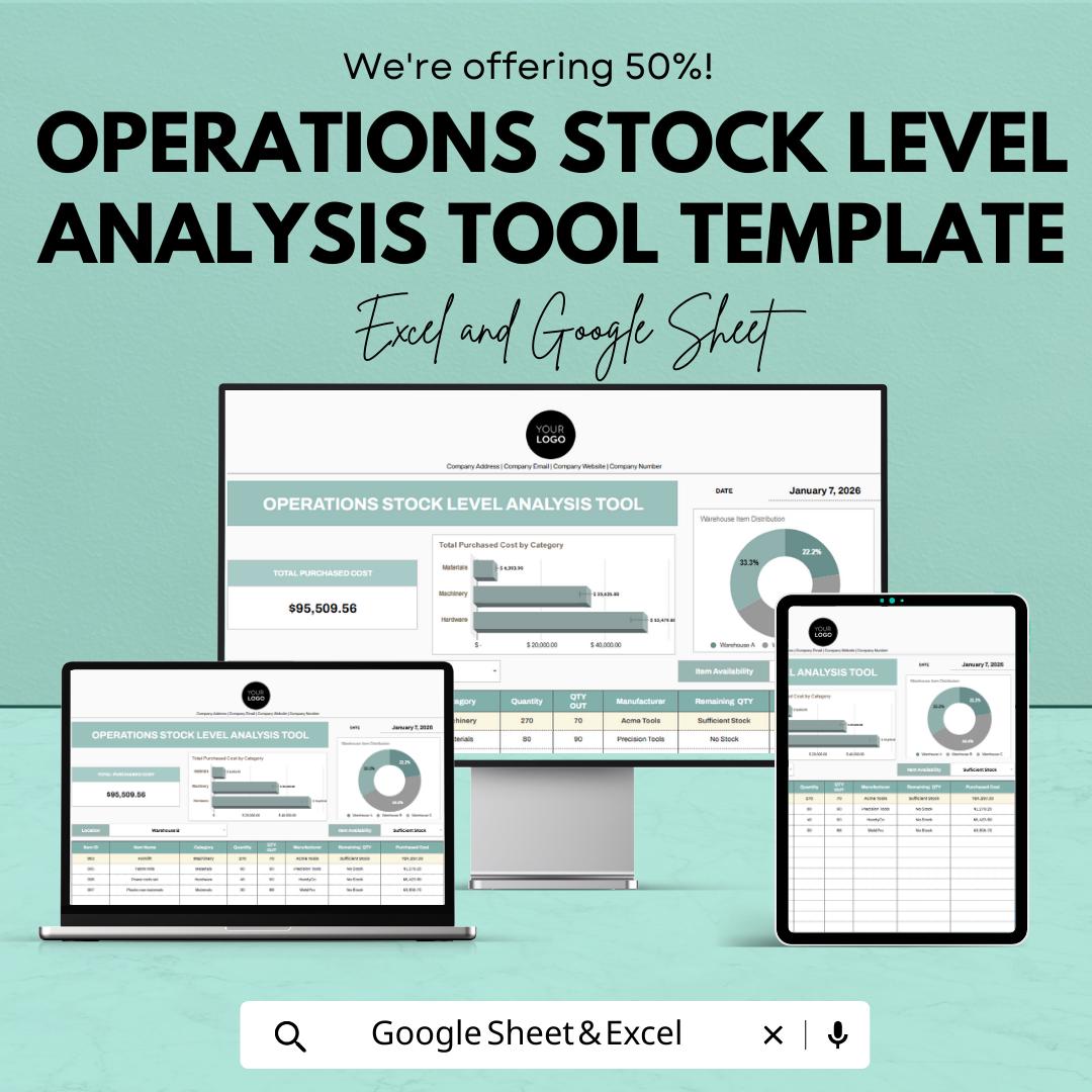 Operations Stock Level Analysis Tool Template | Inventory Management Spreadsheet | Excel & Google Sheets