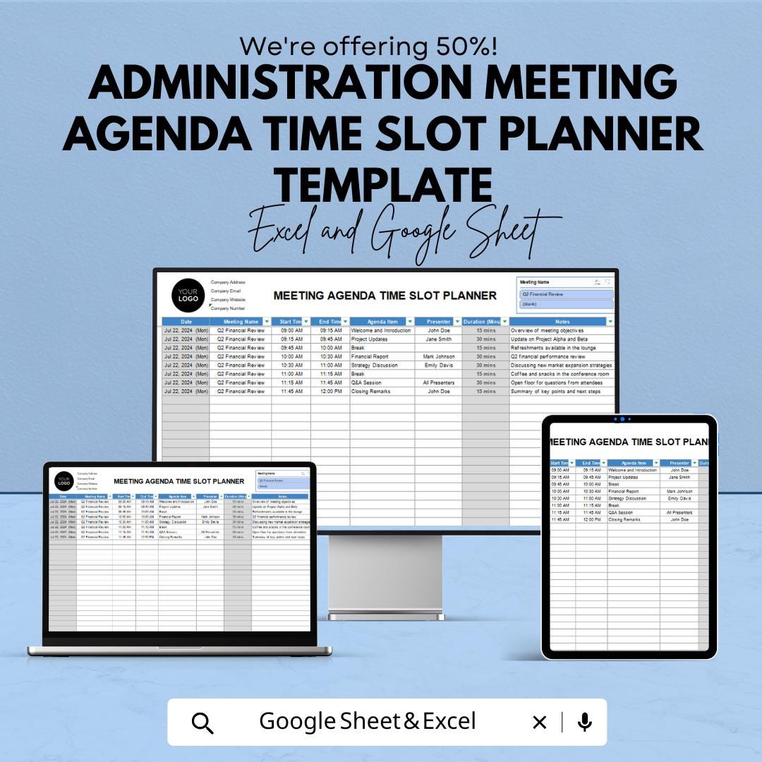 Administration Meeting Agenda Time Slot Planner Template | Excel & Google Sheets | Meeting Schedule Planner | Time Management Spreadsheet