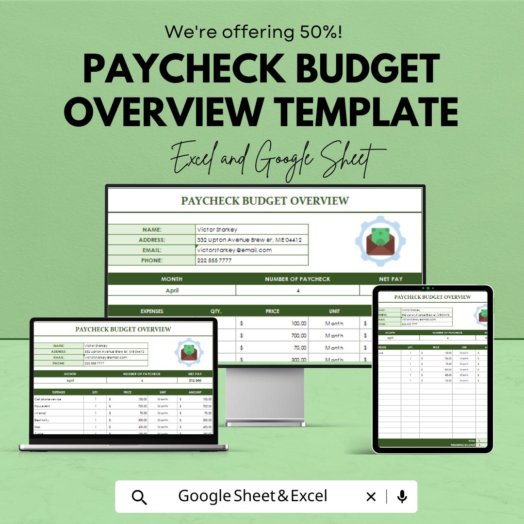 Paycheck Budget Overview Template | Excel & Google Sheets | Monthly Budget Planner | Income Expense Tracker | Financial Planning Spreadsheet