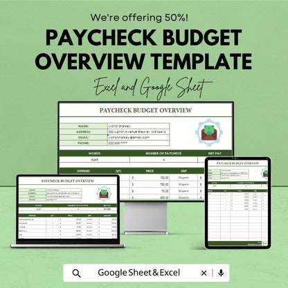 Paycheck Budget Overview Template | Excel & Google Sheets | Monthly Budget Planner | Income Expense Tracker | Financial Planning Spreadsheet