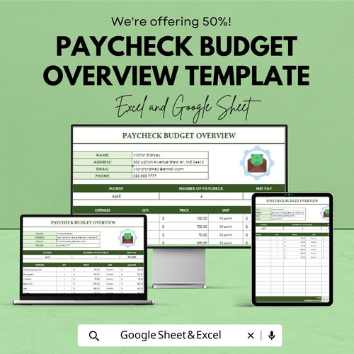 Paycheck Budget Overview Template | Excel & Google Sheets | Monthly Budget Planner | Income Expense Tracker | Financial Planning Spreadsheet