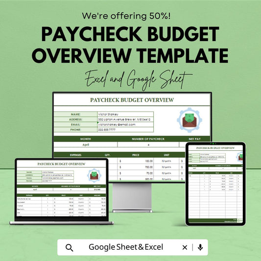 Paycheck Budget Overview Template | Excel & Google Sheets | Monthly Budget Planner | Income Expense Tracker | Financial Planning Spreadsheet