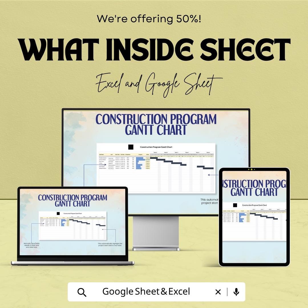 Construction Program Gantt Chart Template | Project Schedule Spreadsheet | Construction Timeline Planner | Excel & Google Sheets |