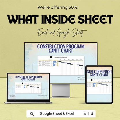 Construction Program Gantt Chart Template | Project Schedule Spreadsheet | Construction Timeline Planner | Excel & Google Sheets |