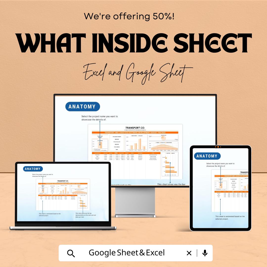 Transport & Logistics Software Development Budget Tracker | IT Project Cost Template | Excel and Google Sheets