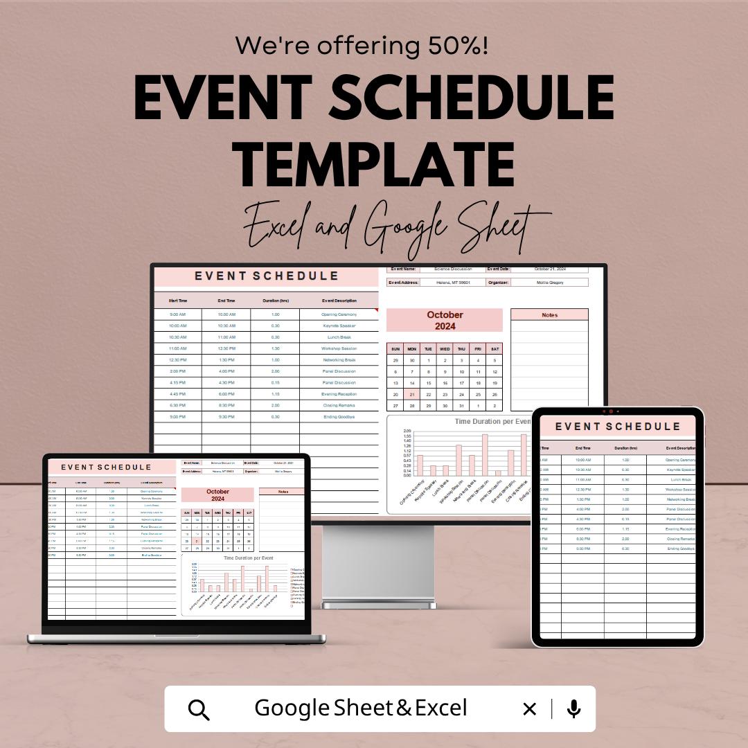 Event Schedule Template | Event Timeline Spreadsheet | Daily Event Planner Sheet | Excel & Google Sheets | Conference Agenda Planner