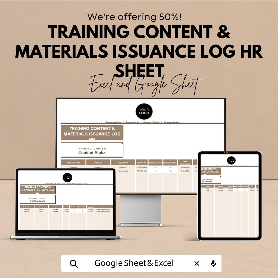 Training Content & Materials Issuance Log Sheet | HR Excel and Google Sheets Template for Employee Training Management |