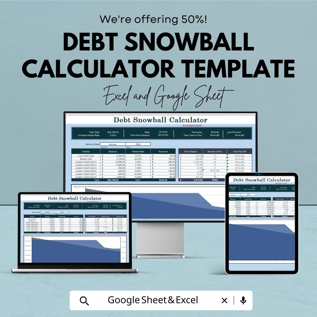 Debt Snowball Calculator Template | Debt Payoff Tracker | Loan Reduction Spreadsheet | Financial Planning Tool | Budget Template