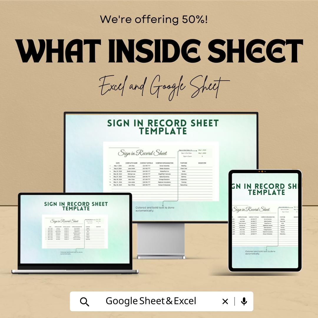Sign In Record Sheet | Visitor Log Template | Excel & Google Sheets | Attendance Register | Editable Digital Sign-In Sheet | Printable Log