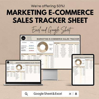 Marketing E-Commerce Sales Tracker Sheet | Excel and Google Sheets Template | Business Order & Revenue Dashboard