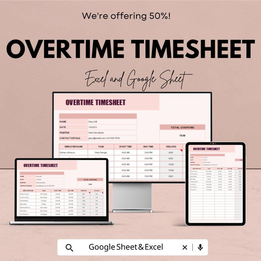 Overtime Timesheet Template | Excel & Google Sheet | Employee Timesheet Tracker | Payroll and Time Management