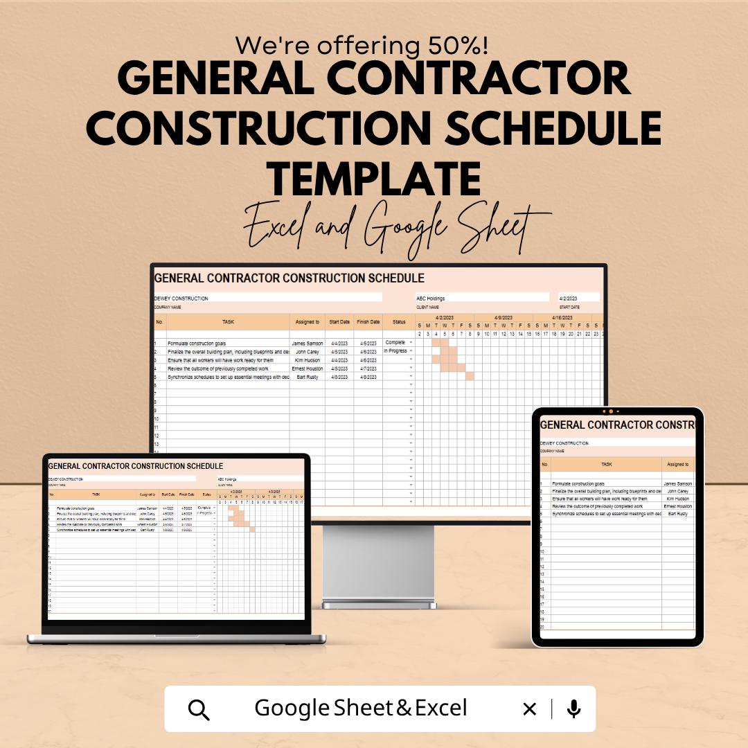 General Contractor Construction Schedule Template | Project Timeline Planner | Gantt Chart Tracker