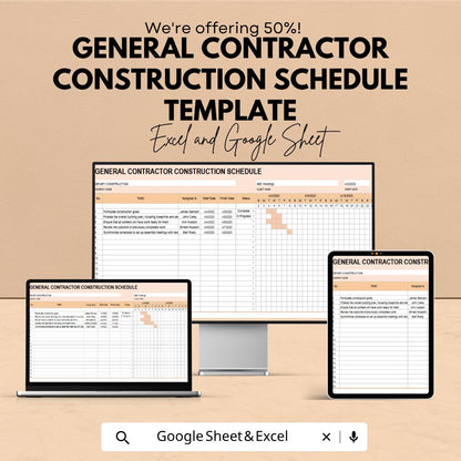General Contractor Construction Schedule Template | Project Timeline Planner | Gantt Chart Tracker