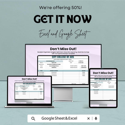 Expense Receipt Sheet | Excel & Google Sheet | Track Expenses, Payments, and Budgets | Customizable Financial Template