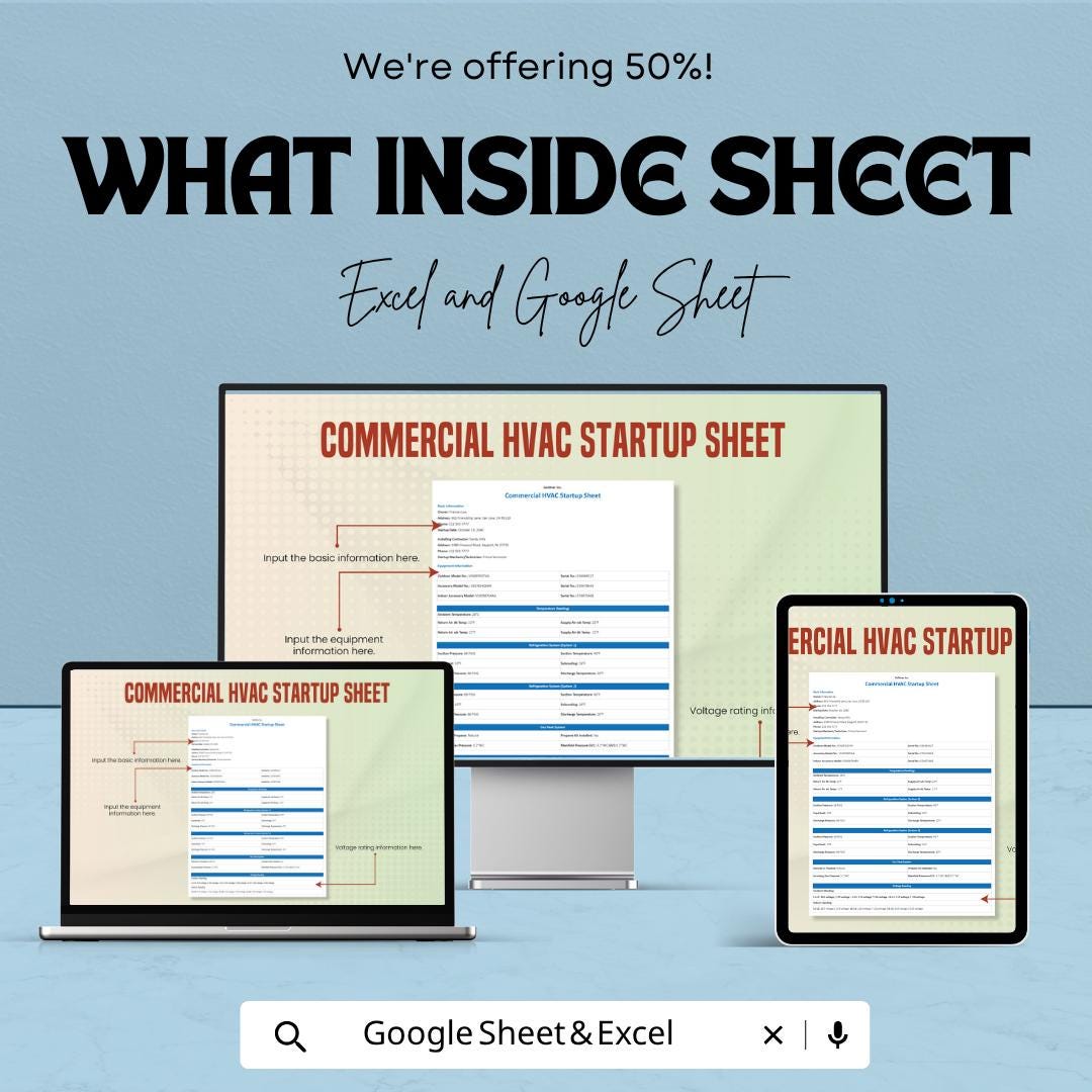 Commercial HVAC Startup Sheet Template | HVAC Commissioning Form | HVAC Checklist Excel | Startup Report Template | Google Sheets