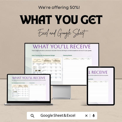 Hotel Training and Development Budget Sheet – Excel & Google Sheet Template – 2024 Training Budgeting for Hotels – Track Staff Training