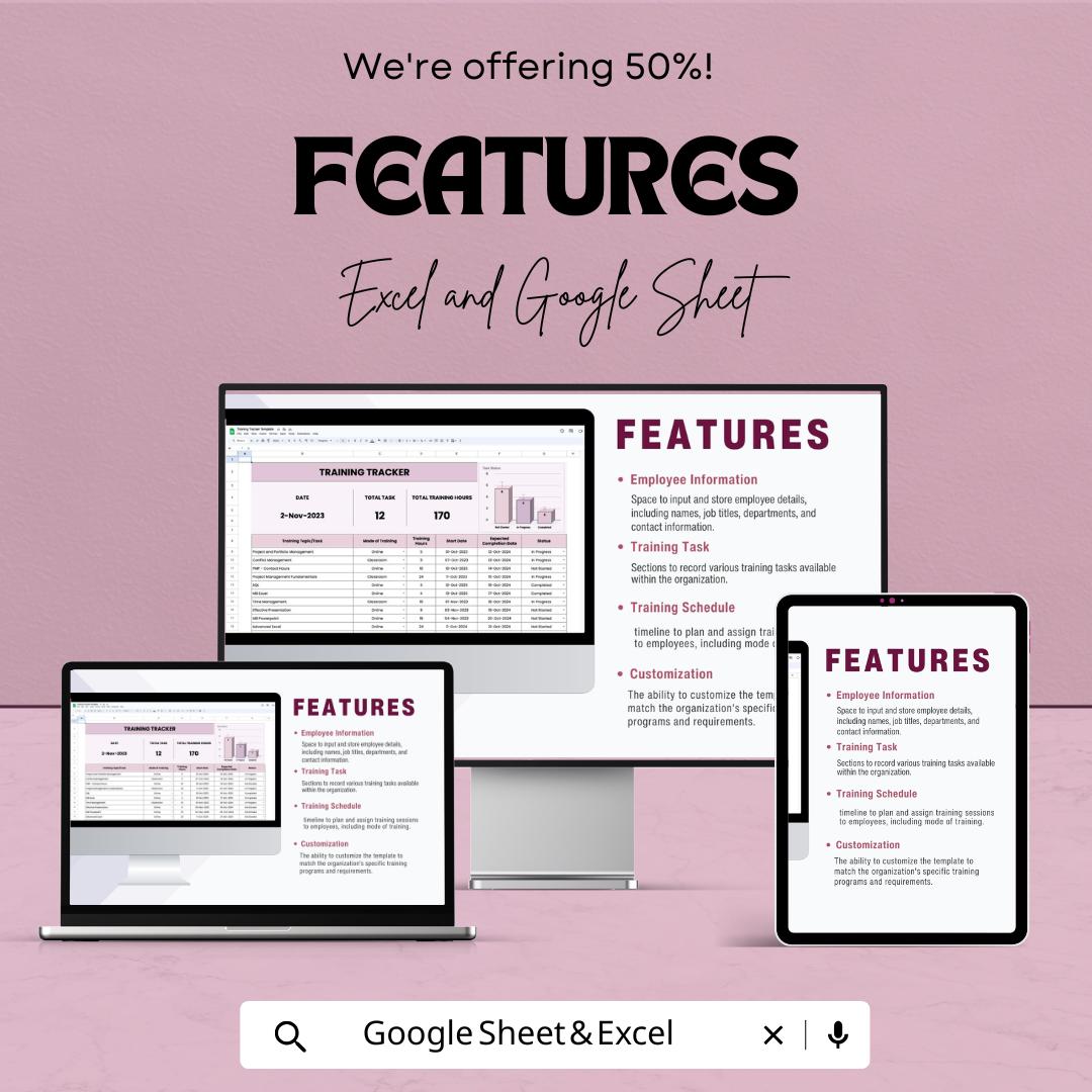 Training Tracker Sheet | Employee Training Log | Excel and Google Sheet | HR Training Management Spreadsheet | Task & Hours Tracker