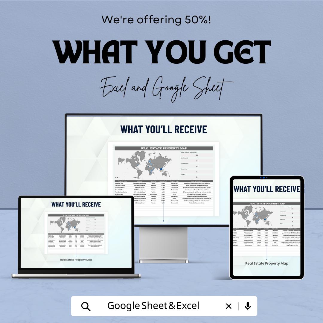 Real Estate Property Map Template, Property Location Tracker, Real Estate Portfolio Map, Property Database Sheet, Excel Google Sheets