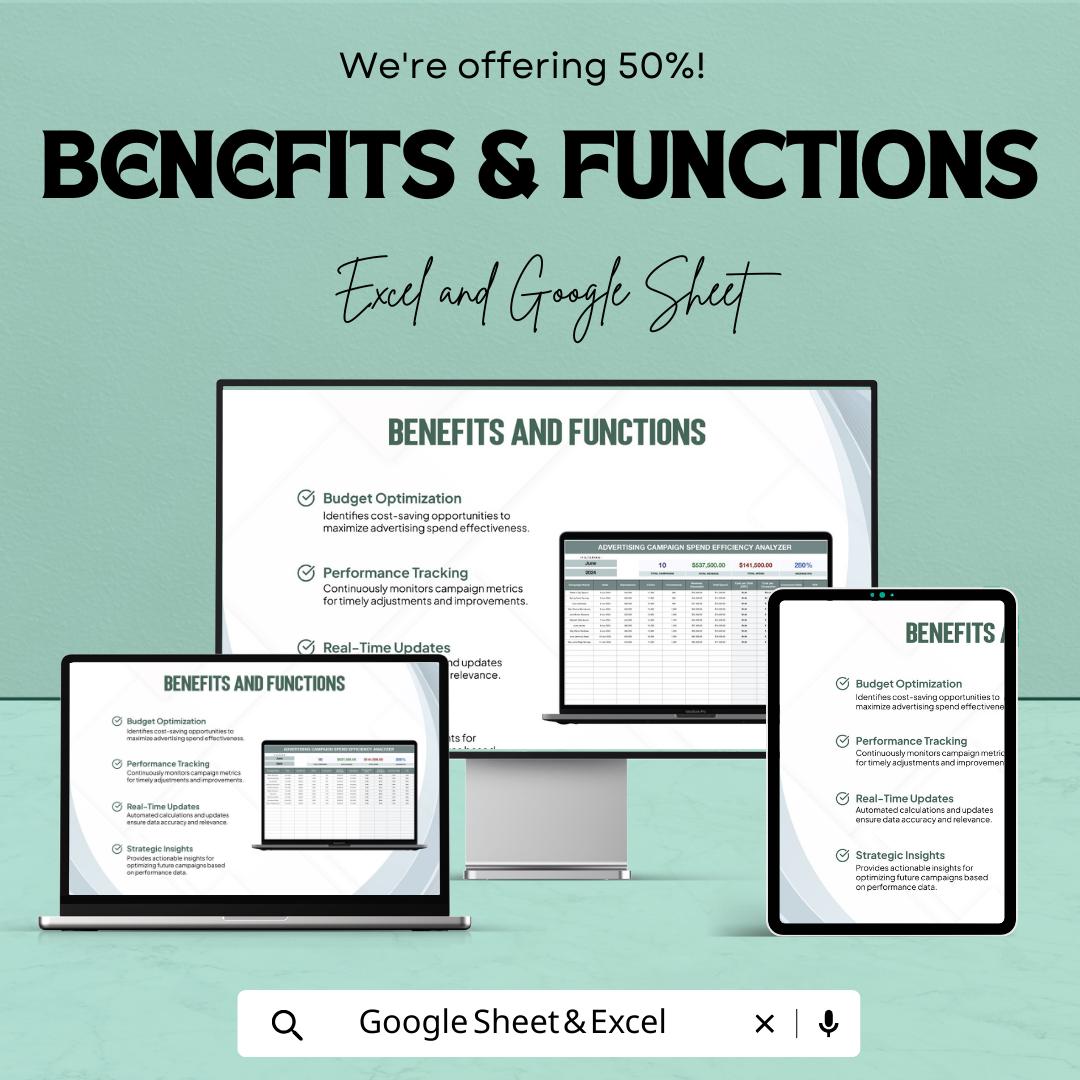 Advertising Campaign Spend Efficiency Analyzer Template | Marketing ROI Tracker | Ad Budget Planner | Campaign Performance Dashboard