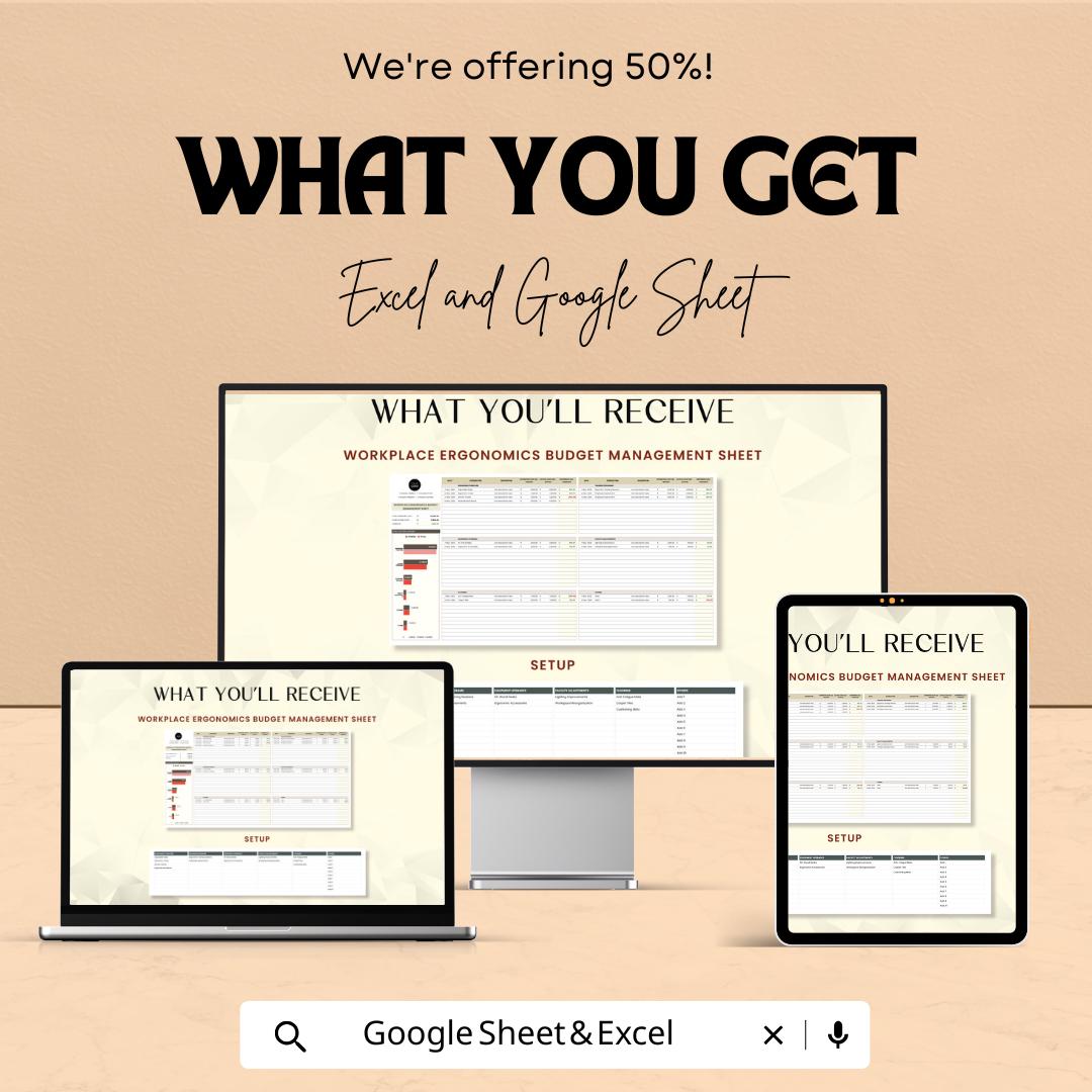 Workplace Ergonomics Budget Management Sheet | Excel and Google Sheets Template | Budget Planning for Office Safety & Comfort