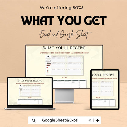 Workplace Ergonomics Budget Management Sheet | Excel and Google Sheets Template | Budget Planning for Office Safety & Comfort