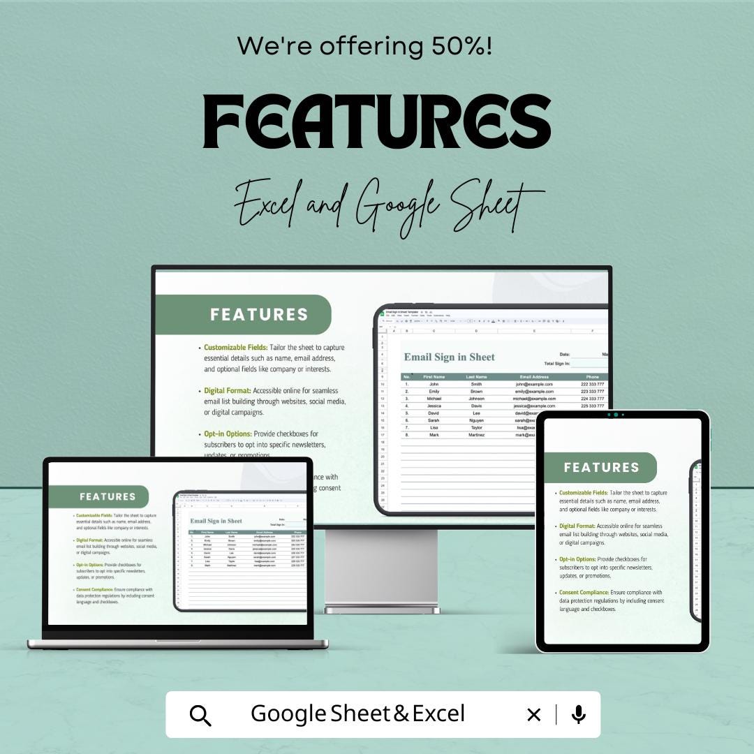 Email Sign-In Sheet Template | Excel and Google Sheets | Collect Emails & Contact Info | Editable | Instant Download