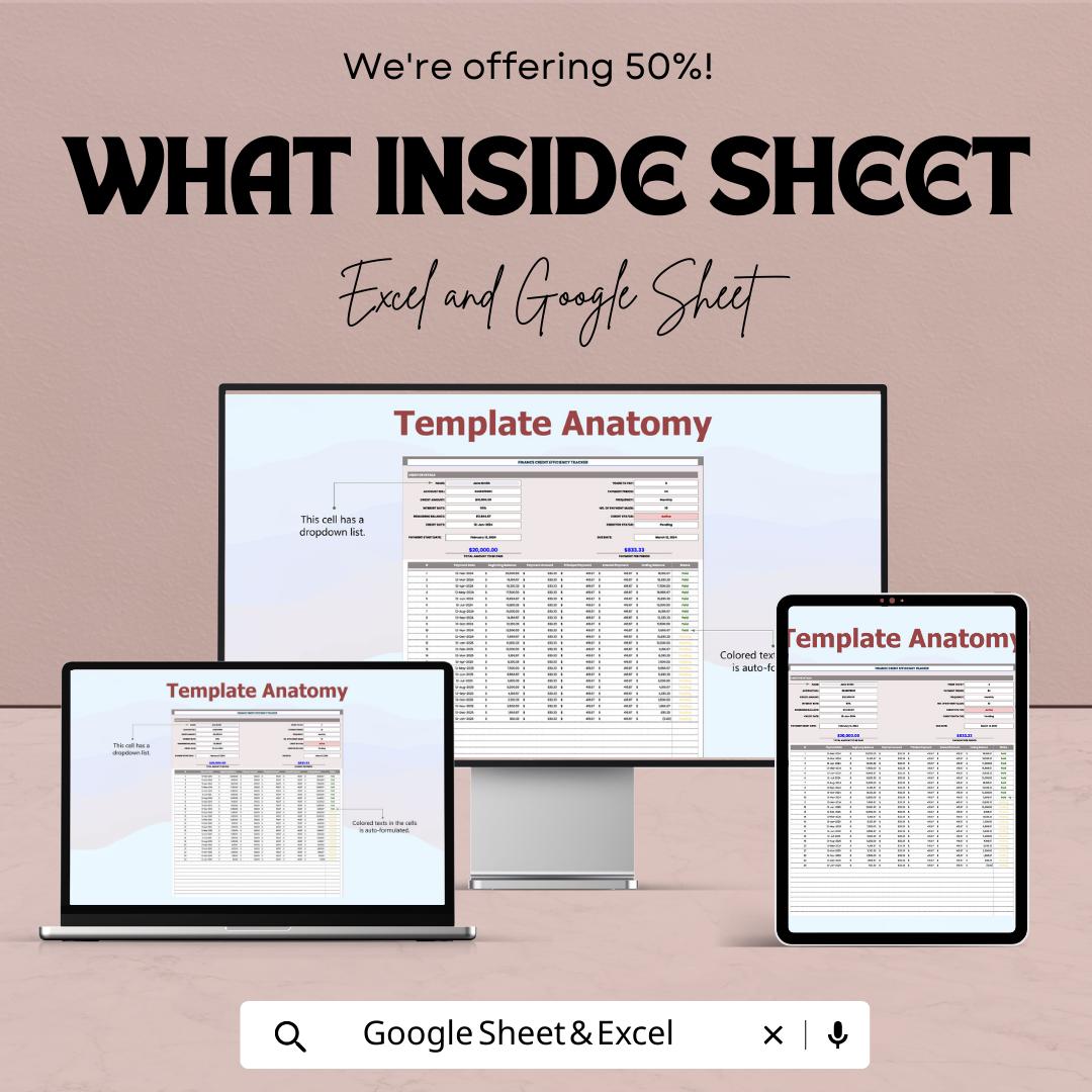 Finance Credit Efficiency Tracker Template | Loan Payment Trackers | Credit Monitoring Spreadsheet | Debt Amortization Schedule