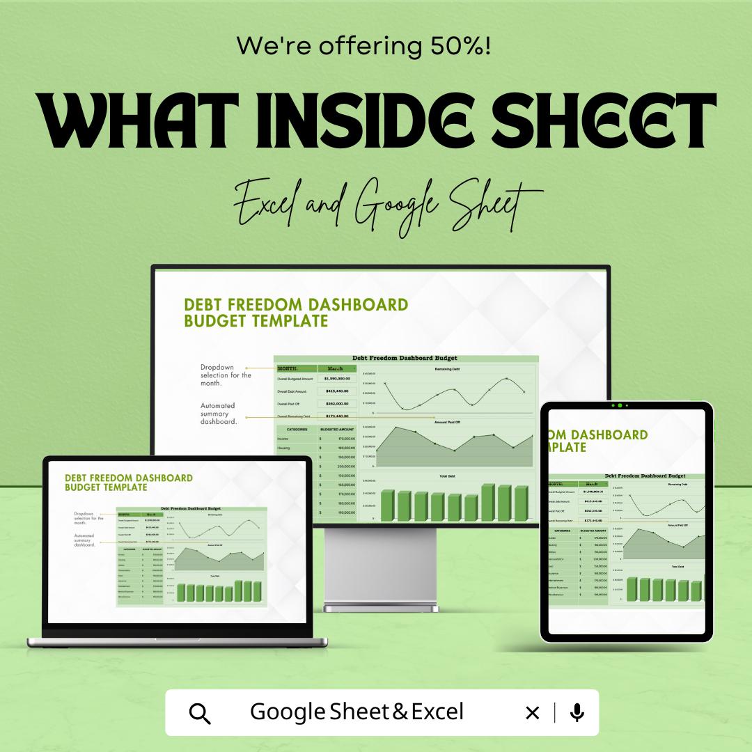 Debt Freedom Dashboard Budget Sheet - Excel & Google Sheets Template - Track Debt, Payments, Budget Categories, and Progress