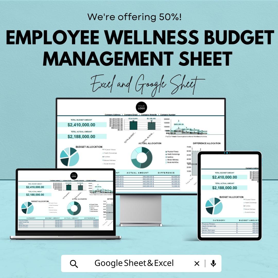 Employee Wellness Budget Management Sheet - Excel and Google Sheet | Track Wellness Program Budget & Expenses | Monthly Budget Tracker |