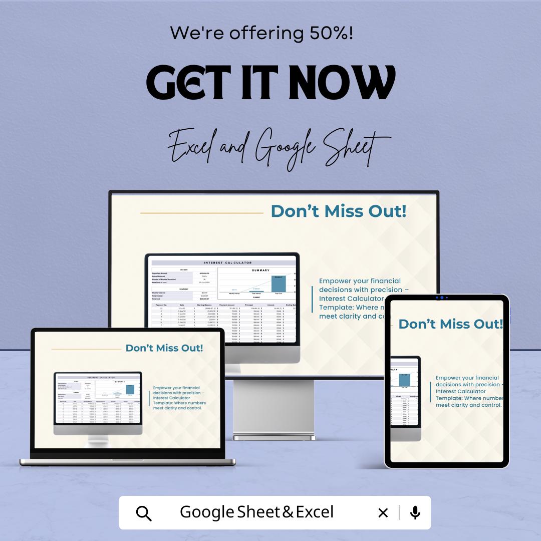 Interest Calculator Sheet | Excel and Google Sheet Template for Financial Loan & Investment Calculations | 50% Off Now