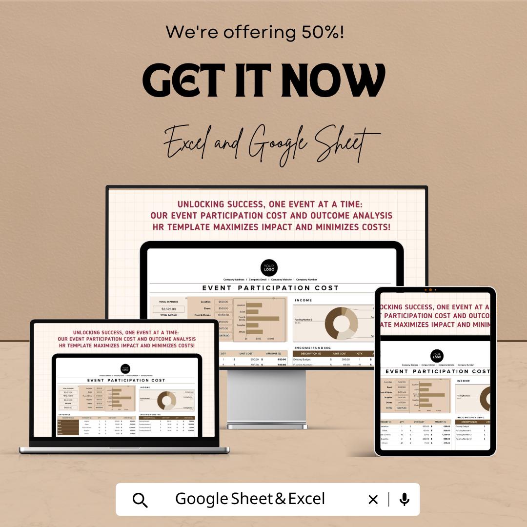 Event Participation Cost and Outcome Analysis HR Template | Excel and Google Sheets | Event Budget Tracker | Cost & Outcome Dashboard