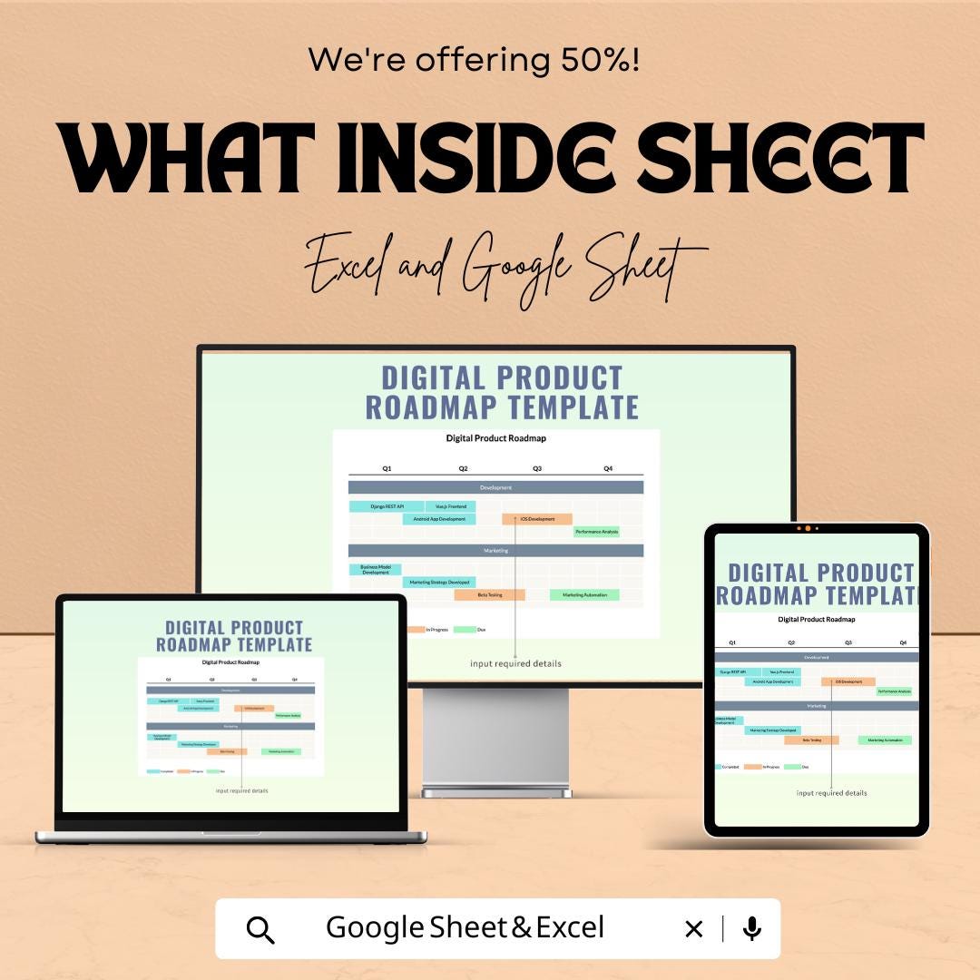 Digital Product Roadmap Sheet | Excel and Google Sheet | Roadmap Template for Digital Product Development | Project Timeline Planner