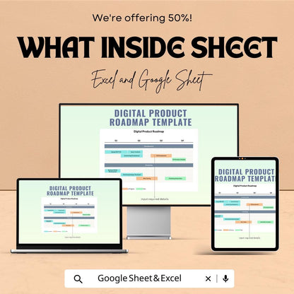 Digital Product Roadmap Sheet | Excel and Google Sheet | Roadmap Template for Digital Product Development | Project Timeline Planner