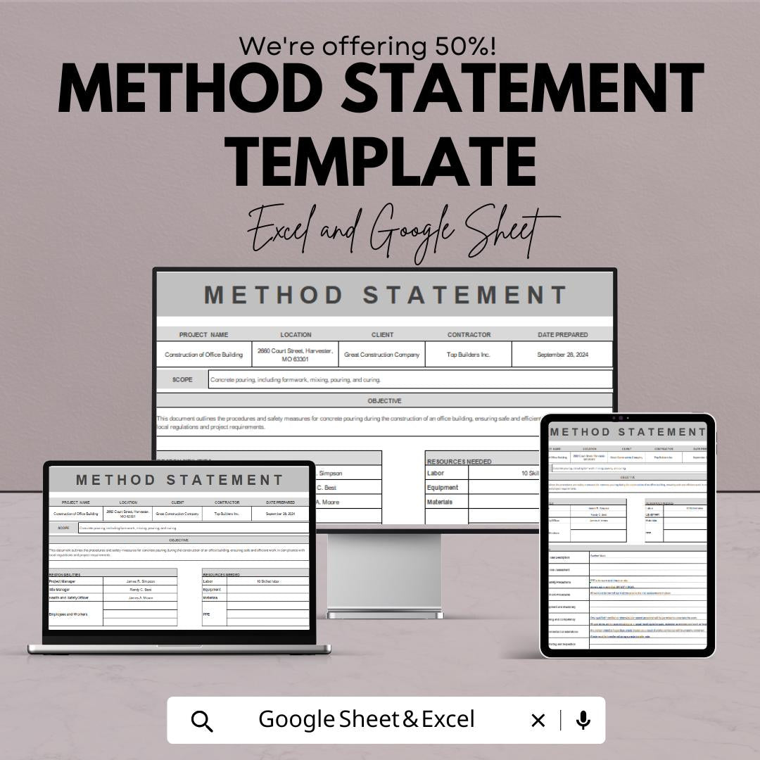 Method Statement Template | Editable Construction Work Method | Digital Safety Procedure Form | Project Planning Document