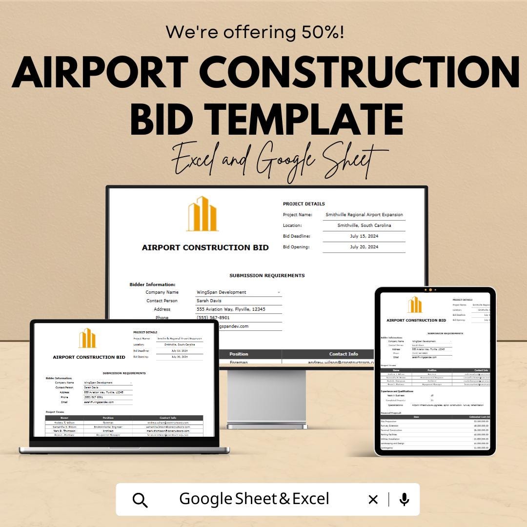 Airport Construction Bid Template | Aviation Project Proposal | Excel & Google Sheets | Contractor Bid Form | Infrastructure Tender Document