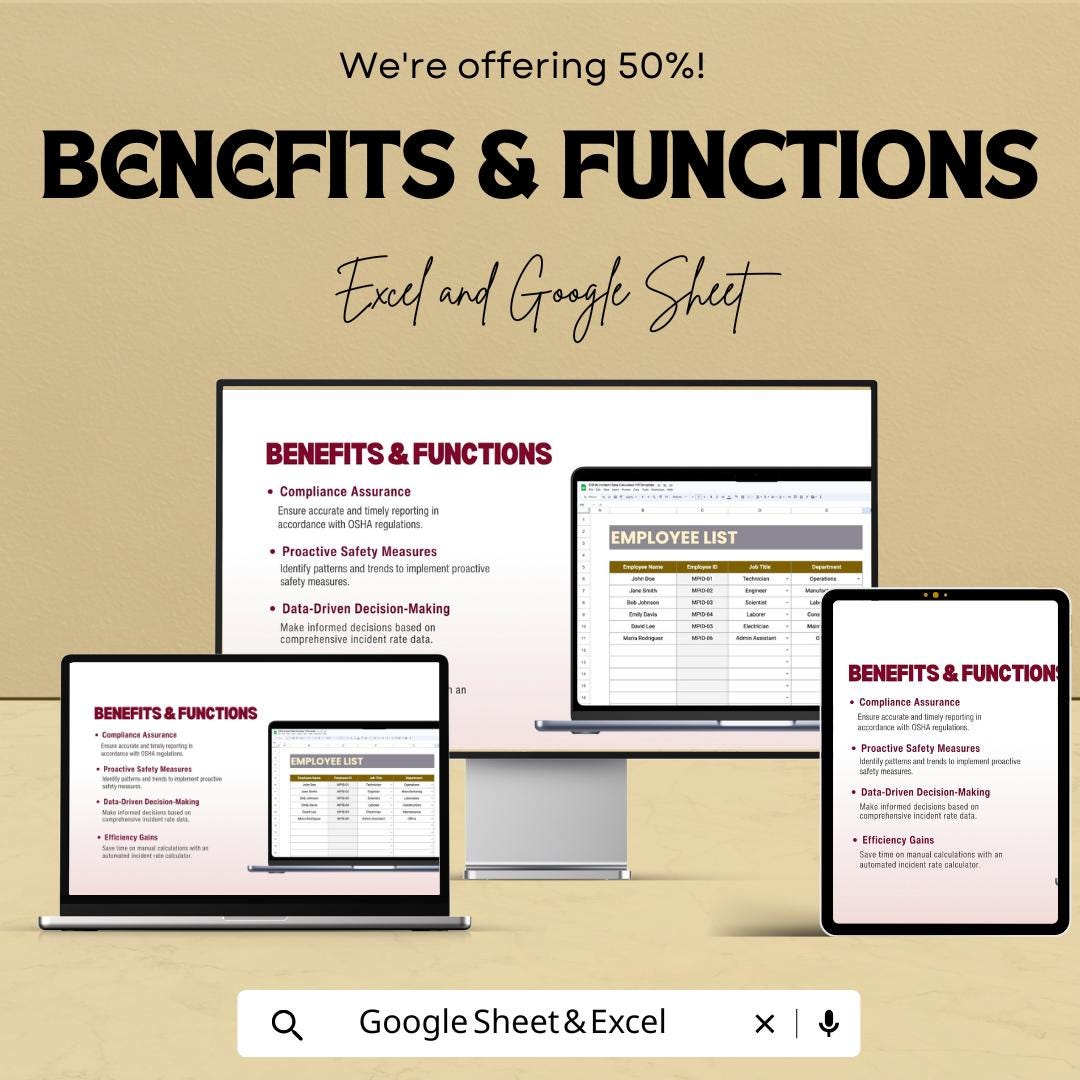 OSHA Incident Rate Calculator HR Template | Trip & DART Safety Tracker | Excel and Google Sheets | Workplace Safety Compliance Spreadsheet