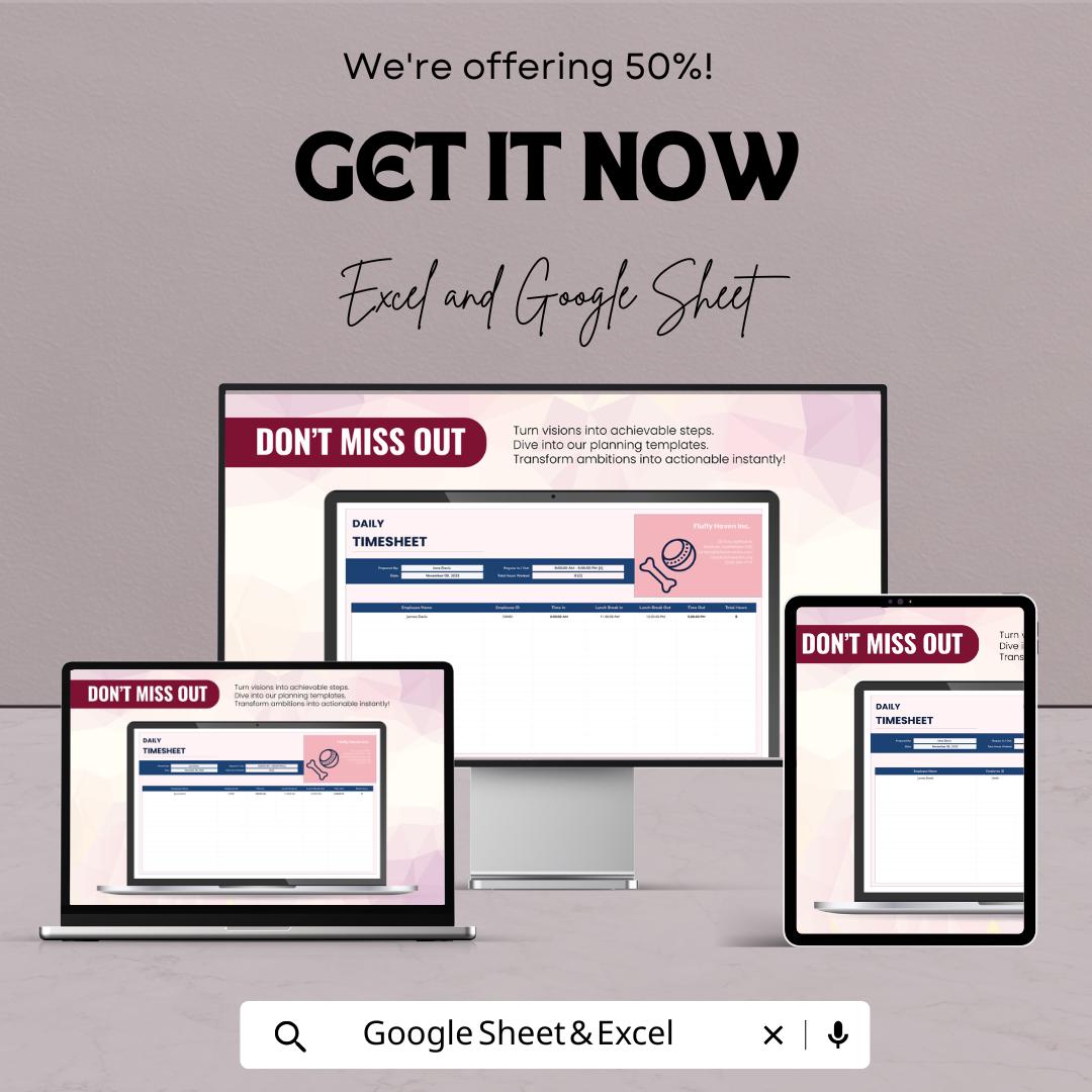 Daily Timesheet Template | Excel & Google Sheets | Employee Time Tracker | Work Hours Log | Instant Download