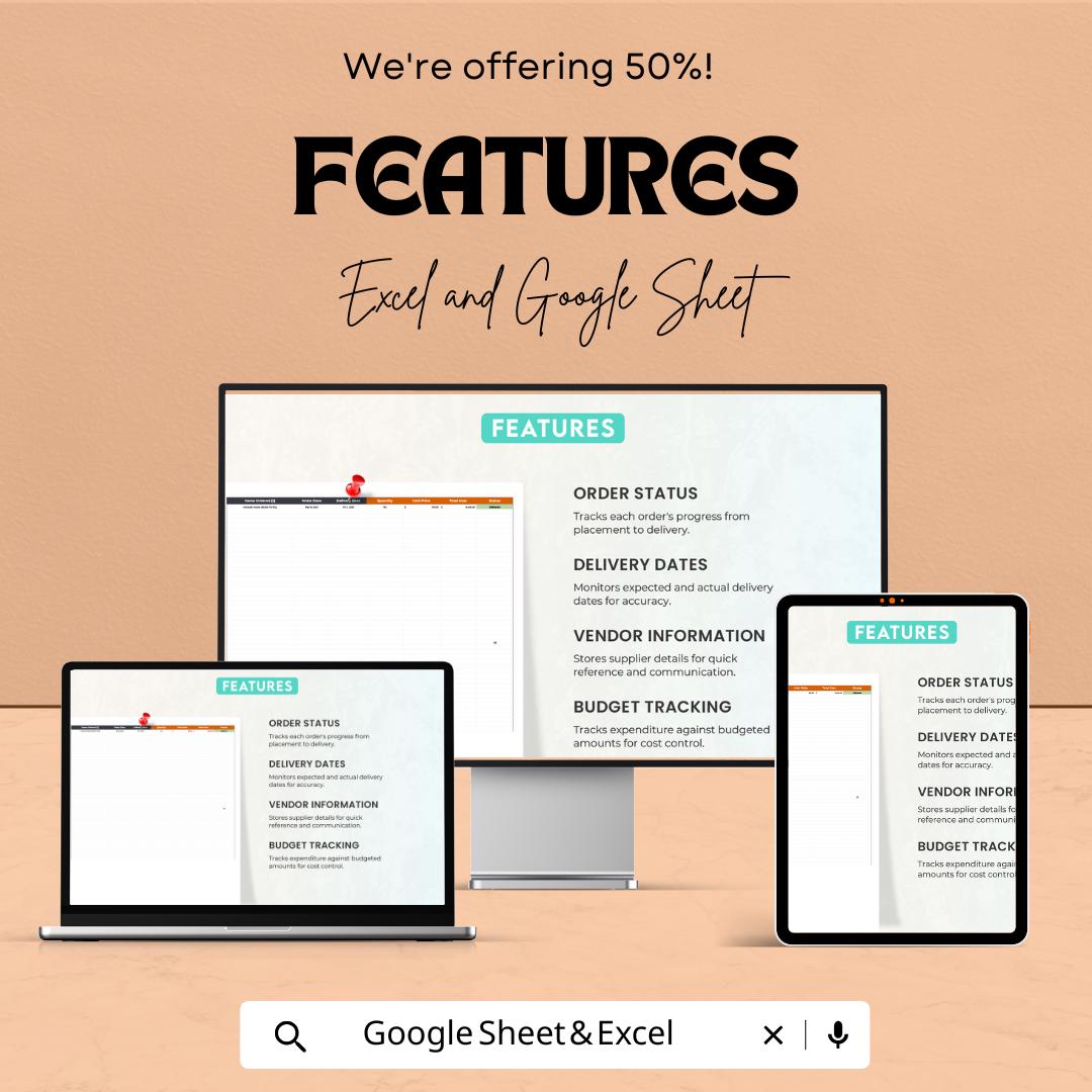 Administration Purchase Order Tracker Template | Purchase Order Management | PO Tracker Spreadsheet | Excel & Google Sheets