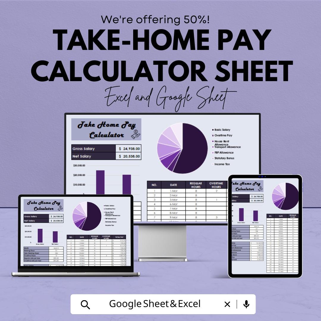 Take-home Pay Calculator Sheet | Tax Deduction Calculator | Excel & Google Sheet | Payroll Management | Instant Calculation