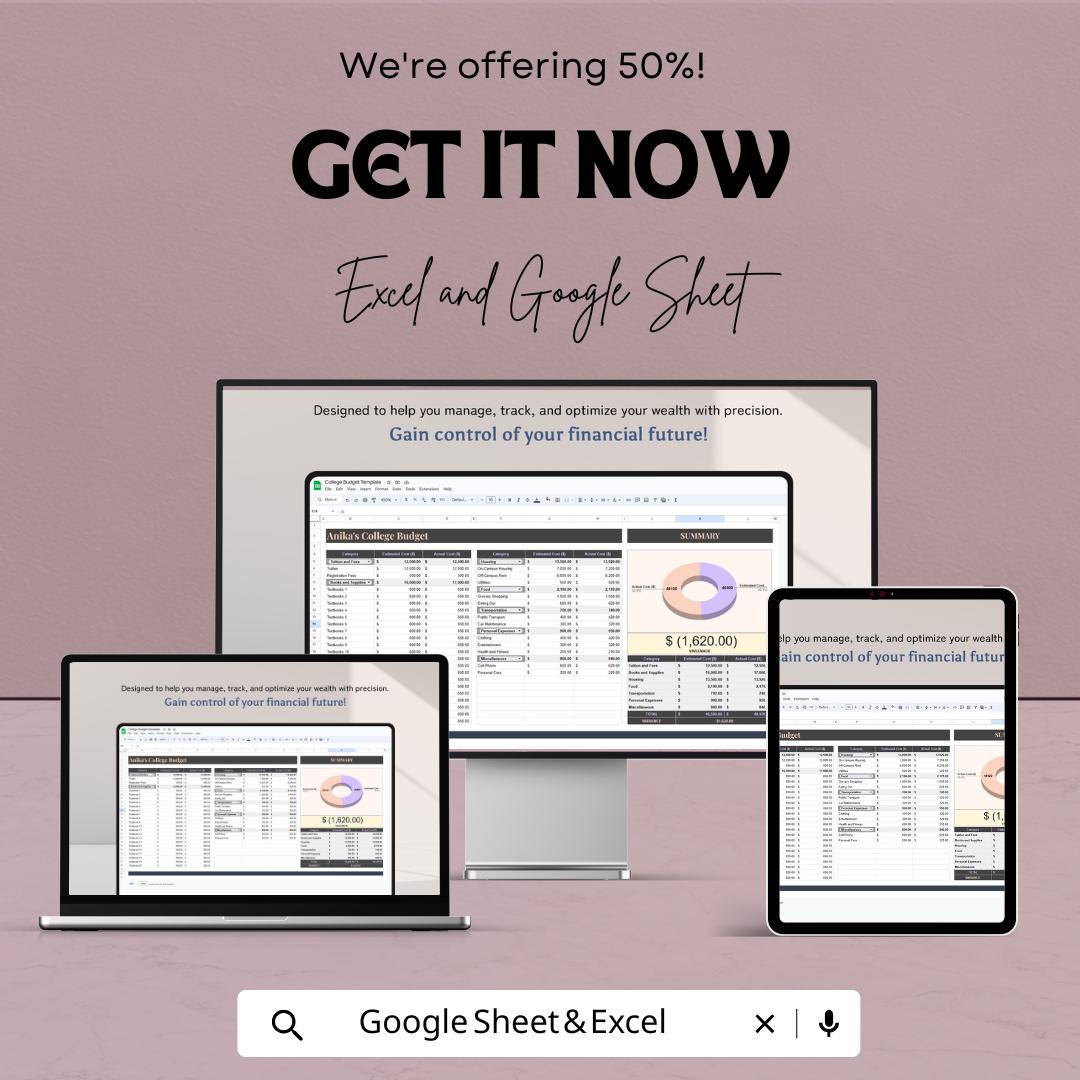 College Budget Sheet - Excel & Google Sheets Template for Managing College Expenses - 50% Off