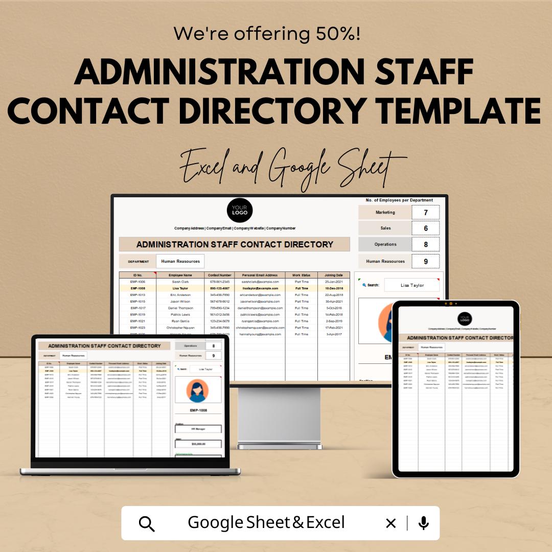 Administration Staff Contact Directory Template | Employee Contact List Spreadsheet | Excel & Google Sheets