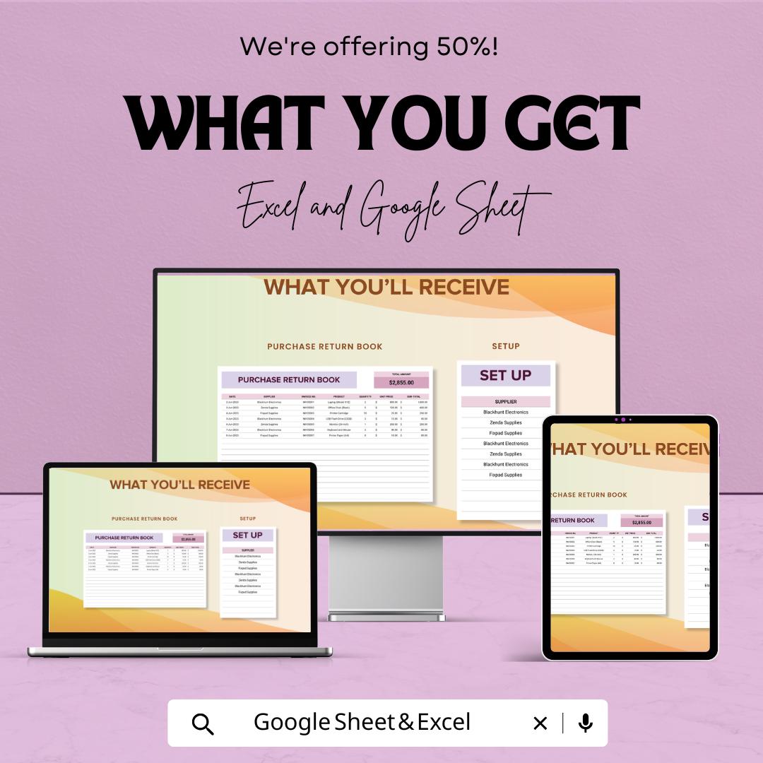 Purchase Return Book Template | Purchase Return Register | Business Accounting Log | Inventory Return Tracker
