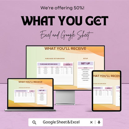 Purchase Return Book Template | Purchase Return Register | Business Accounting Log | Inventory Return Tracker