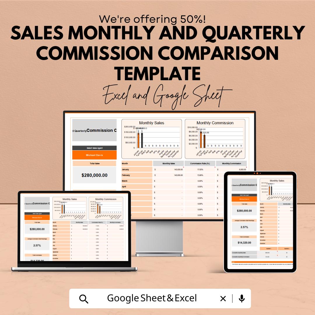 Sales Monthly and Quarterly Commission Comparison Template | Sales Commission Tracker Excel | Google Sheets Commission Report |