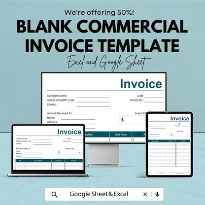 Blank Commercial Invoice Template | Google Sheets & Excel | Editable Business Invoice | Printable Invoice Form | Customizable Billing Sheet