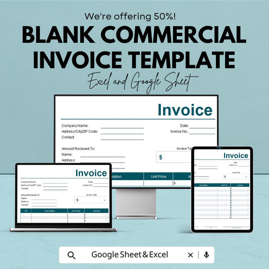 Blank Commercial Invoice Template | Google Sheets & Excel | Editable Business Invoice | Printable Invoice Form | Customizable Billing Sheet